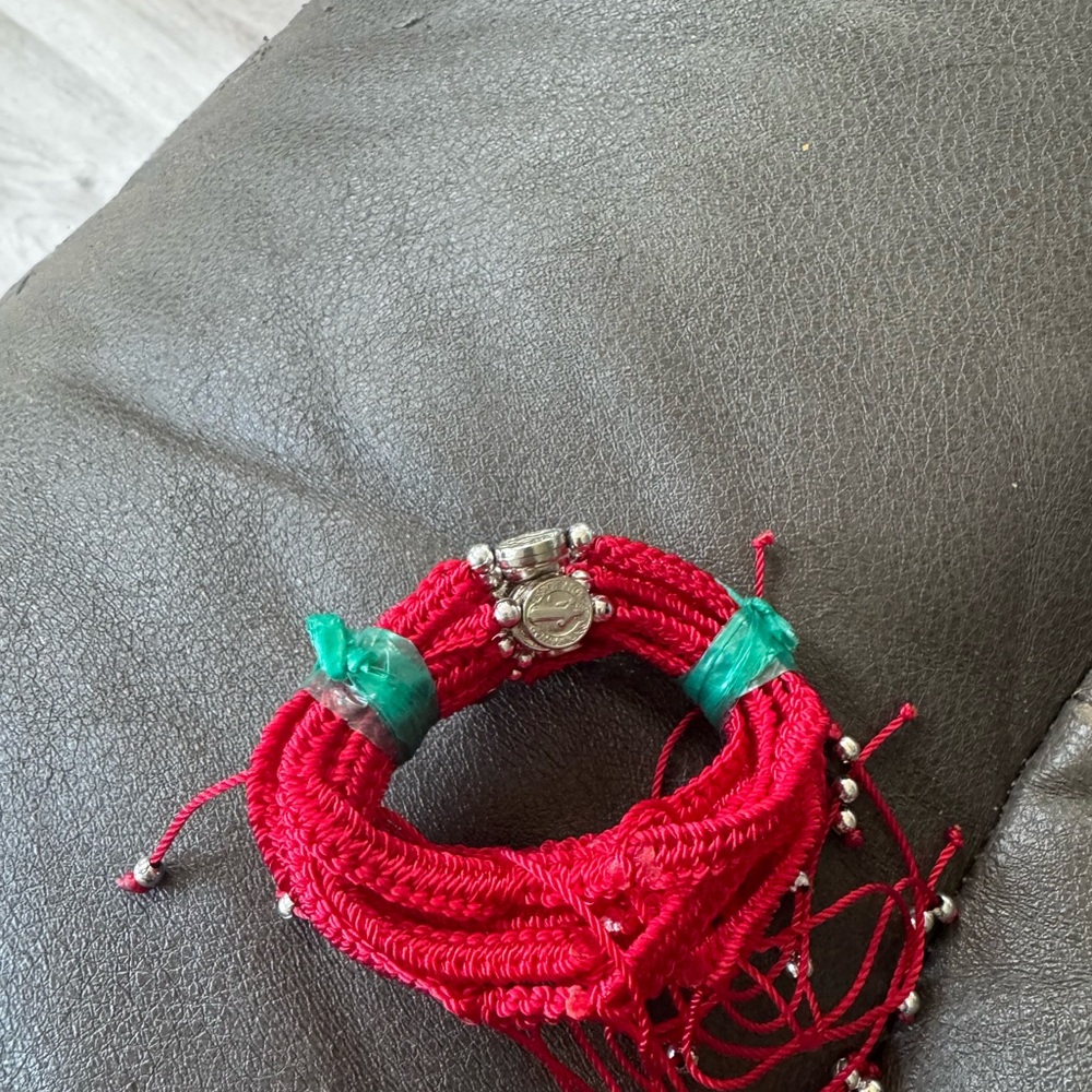 Red and Green Woven Bracelet with Silver Accents